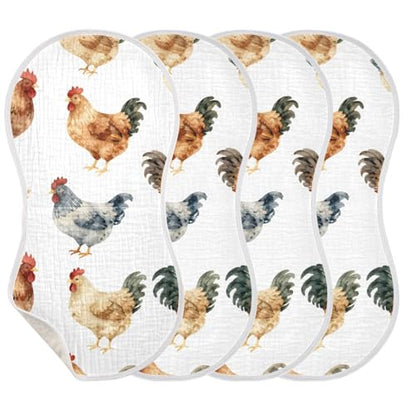 Hen and Rooster Muslin Burp Cloths 1 Pack - Extra Large 22"x11", 4-Layer Soft Absorbent Cotton, Waterproof Backing, Baby Drool Rags for Newborn