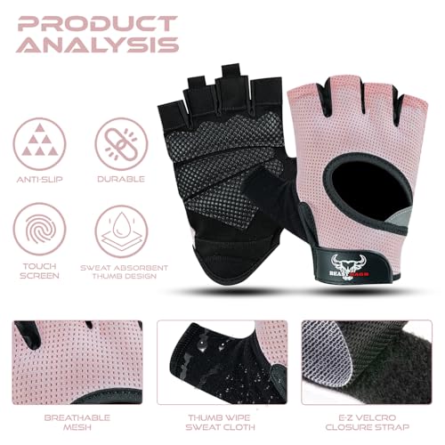 BEAST RAGE Fingerless Weight Lifting Gloves with Palm Protection Padding, Breathable Lightweight Gym Gloves for Men, Women, Weightlifting, Cycling, Exercise, Training Pull Up - color: Pink, size: Medium