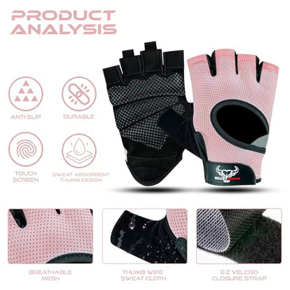 BEAST RAGE Fingerless Weight Lifting Gloves with Palm Protection Padding, Breathable Lightweight Gym Gloves for Men, Women, Weightlifting, Cycling, Exercise, Training Pull Up - color: Pink, size: Medium