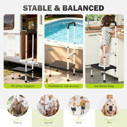 RV Step Stool with Handle for Elderly,1 Step Ladder with Handrail, Reinforced PP Wide Platform, Adjustable Height, Portable Stairs for Hot Tub/Camper/Mobile Home/Porch/SPA Pool/Pet Stairs - size: 1 Step-Adjustable Height