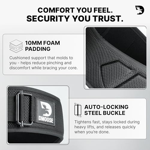 DMoose Fitness Weight Lifting Belt for Squats, Deadlift & Intense Workout - 6" Adjustable Fit Auto Lock Weightlifting Belt for Men & Women - Neoprene Gym Belts for Stability & Lumbar Back Support