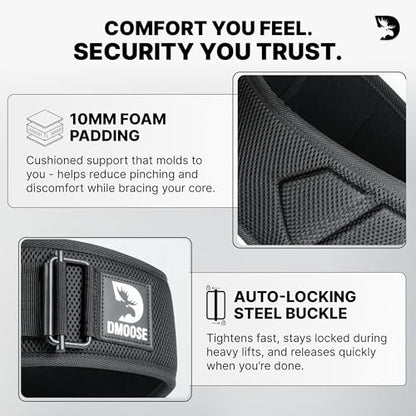 DMoose Fitness Weight Lifting Belt for Squats, Deadlift & Intense Workout - 6" Adjustable Fit Auto Lock Weightlifting Belt for Men & Women - Neoprene Gym Belts for Stability & Lumbar Back Support