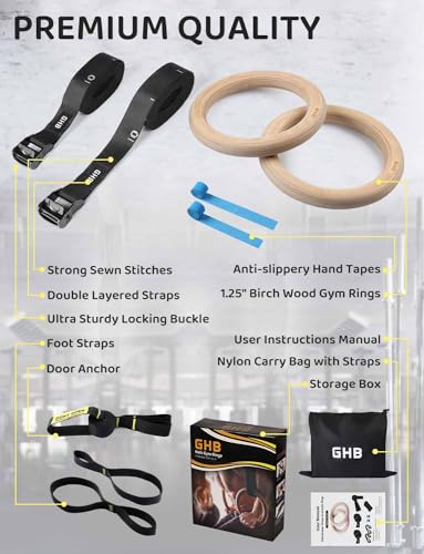 GHB Gymnastic Rings Wooden Gym Rings 1.25" 2 Pack Buckle and Carabiner Numbered Straps