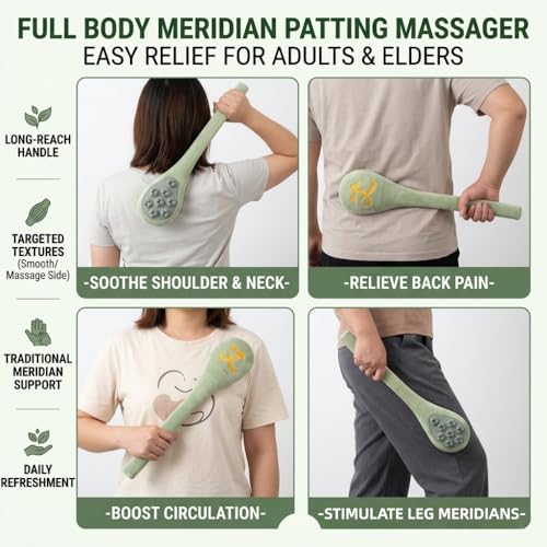 Manual Back Massager & Meridian Pat Stick, Extended Handle Body Percussion Tool for Seniors & Adults, Flexible Relaxing Hammer for Neck, Shoulder, Legs, Home & Office Use