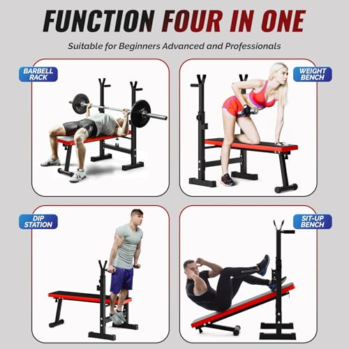 Benches Press Rack, Adjustable Weight Benches with Barbell Rack, Multi-Function Dip Station for Full Body Workout, Foldable Workout Benches for Home Gym, Weight Benches for Benches Press Sit