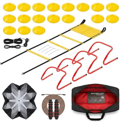 Agility Ladder Training Set - Yellow Speed & Footwork Training Equipment for Sports, Fitness, and Soccer - Includes Parachute, Hurdles, Cones, Jump Rope, and Carry Bag