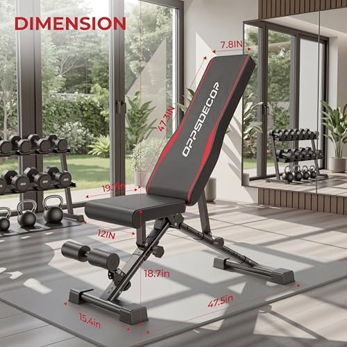 OPPSDECOR Adjustable Weight Bench, 900LBS Foldable Workout Bench with 18.5-Inch Seat Height for Home Gym — 8+4+2 Positions, Flat Incline Decline Bench Press for Dumbbell Strength Training, Compact Storage in Small Spaces