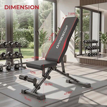 OPPSDECOR Adjustable Weight Bench, 900LBS Foldable Workout Bench with 18.5-Inch Seat Height for Home Gym — 8+4+2 Positions, Flat Incline Decline Bench Press for Dumbbell Strength Training, Compact Storage in Small Spaces