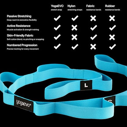 YOGA-EVO Elastic Stretching Strap with Loops for Physical Therapy - Stretch & Activate Muscles - Increase Mobility & Recovery - Soft Cotton & Spandex - Includes Carrying Pouch & Video Exercises - color: Blue
