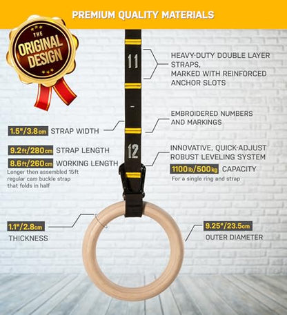 Wood Gymnastics Rings with Quick Adjust Numbered Straps and Exercise Videos Guide - Full Body Workout Rings, Calisthenics, Home Gym (Multi-Size) - style: Rings 1.1 Inch