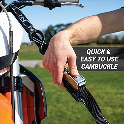 Heavy Duty Motorcycle Tie Down Straps - 1" x 8' Cam Buckle Straps with Soft Loops & Safety Hooks - Secures Motorbikes, Dirtbikes, ATV, UTV - 2 Pack