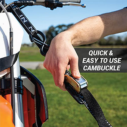 Heavy Duty Motorcycle Tie Down Straps - 1" x 8' Cam Buckle Straps with Soft Loops & Safety Hooks - Secures Motorbikes, Dirtbikes, ATV, UTV - 2 Pack