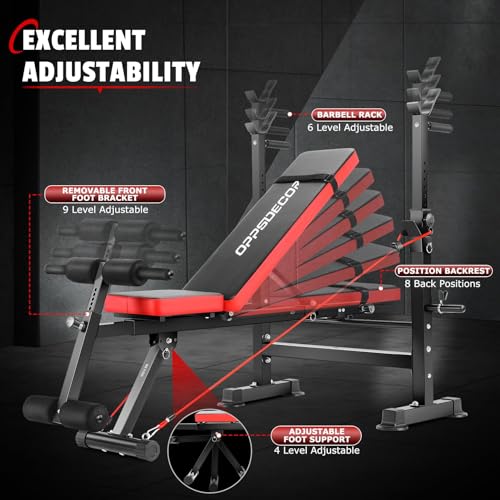 OPPSDECOR 600lbs 6 in 1 Weight Bench Set with Squat Rack Foldable Bench Press with Removable Foot Catch Adjustable Workout Bench for Home Gym