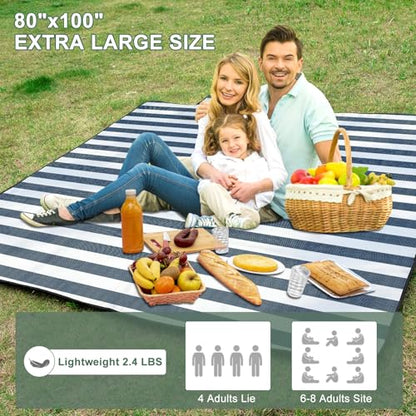 Picnic Blanket 80''x100'', Waterproof Sandproof Beach Outdoor Camping Mat Extra Large Foldable Gingham Big Travel Essential Accessories Gift Park Patio Lawn Garden Grass Ground Music Festival