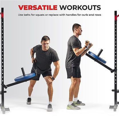 Sunny Health & Fitness Power Cage Squat Rack Upgrade Attachments, Dip Bar, Plate Bar Holder, Belt Squat, J Hook, Lat, Adapter, U Ring, Pull Up Bar, Landmine, Captain's Chair, Tricep Rope For Home Gym - style: Belt Squats