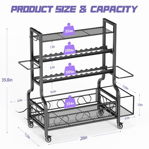 PARTPHONER Dumbbell Weight Rack, Home Gym Storage for Kettlebells Yoga Mat and Balls, All in One Workout Storage with Wheels and Hooks, Powder Coated Finish Steel - size: 39"(L)x15.8"(W)x39.8"(H)