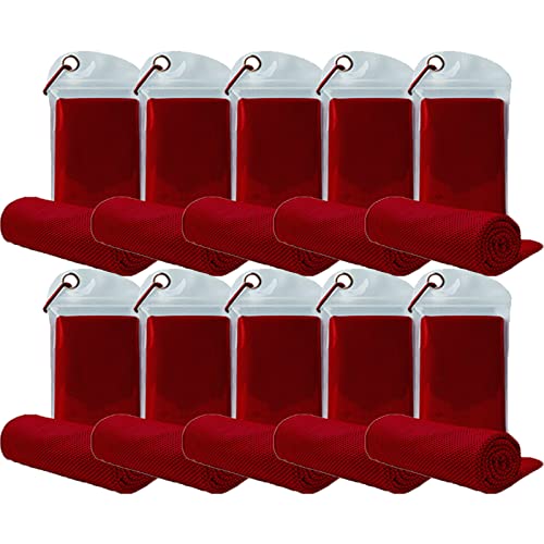 10 Pack Cooling Towels Bulk Microfiber Ice Towel Quick Dry Breathable Chilly Sweat Towel Stay Cool Towel for Neck Face Yoga Gym Workout Running Pilates Beach with Carabin Bag, 40x12'', Red - color: Red