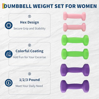 Neoprene Dumbbell Set for Women & Kids - Light Dumbbell Set (1/2/3, 2/3/5, 3/5/8, 5/10/15 LB) with Storage Plastic Case, Packed In Pairs, Set of Small Weights for Home, Living Room, Bedroom - size: 1+2+3 LBS