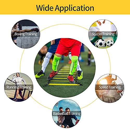 12 Rungs Agility Ladder Set, Training Ladder with Steel Stakes and Carry Bag for Soccer, Speed Fitness Feet Training - color: 1 Pack-Yellow
