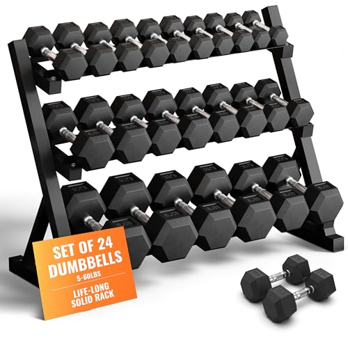 Rubber Hex Dumbbell Set with Rack, 8/10/12/15/20 Pair (450/550/780/1200/1550/2100 lbs total) Weight Rack with Dumbbells for Home Gym & Strength Training - color: (5-60 LB) 780 LBS Dumbbells with Rack