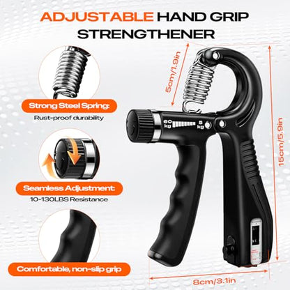 Grip Strength Trainer Kit (10-Pack): Adjustable Hand Gripper & Forearm Strengthener with Finger Stretcher, Ring, Stress Ball & 5 Bands for Muscle & Recovery.