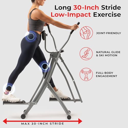 Sunny Health & Fitness Foldable Air Walk Elliptical, 30" inch Long Stride Glide Exercise Full-Body Cardio Cross Smart Trainer for Home Office, SunnyFit App via Bluetooth with Adjustable Resistance - style: Smart