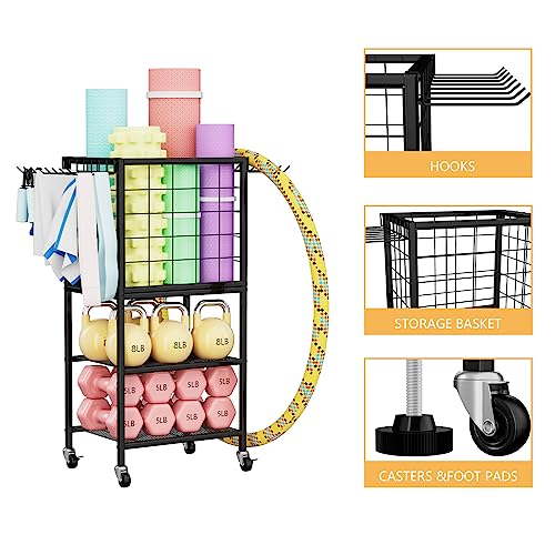Dumbbell Rack for Home Weight Rack for Home Gym Yoga Mat Storage Rack Black Workout Equipment Storage Organizer with Hooks Yoga Mat Holder with Wheels for Yoga Block, Dumbbell, Resistance Band