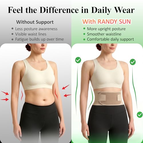 RANDY SUN Structured Waist Support Belt, Ultra Thin Back Brace with Ergonomic EVA Pad, Invisible Lumbar Support for Women & Men, Work & Daily Use Light Taupe L(Waist:31"-36")