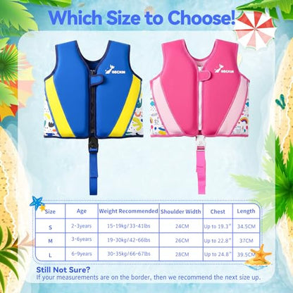 Swim Vest for Toddlers & Kids, Neoprene Swimming Aid Vest with Removable Floatation Pads, Adjustable Safety Strap & Secure Zip, Toddler Swim Trainer Floaties for Boys Girls 2-9 Years