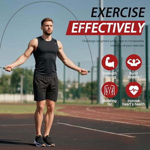 Weighted Jump Rope for Men Women -Interchangeable 1/5lb 1/4lb 1/2lb Heavy jump ropes - 360 Degree Spin - Length Adjustable,Ergonomics Leather Grip Skipping Rope for Fitness Weight Loss & More
