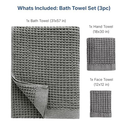 ONSEN Supima® Waffle Bath Towel Set, Quick Dry Lint Free 100% USA Cotton, Bath Hand and Face Towel Bundle, 3 Piece (Cinder Grey, Bath Towel Set) - color: Cinder Grey, size: Bath Towel Set