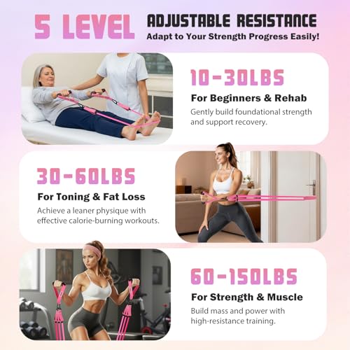 Resistance Bands with Handles for Women, 150LBS Exercise Bands Set for Physical Therapy Yoga Pilates, 5 Level Workout Bands for Working Out with Door Anchor, Home Gym Fitness Equipment