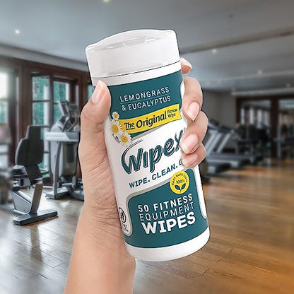 Wipex Fitness Equipment Wipes - EWG Verified - 50 Ct Original Natural Plant Based Gym Wipes for Equipment, Clean Surfaces at Home or Gym, Use as a Yoga Mat Cleaner, Lemongrass, Eucalyptus & Vinegar