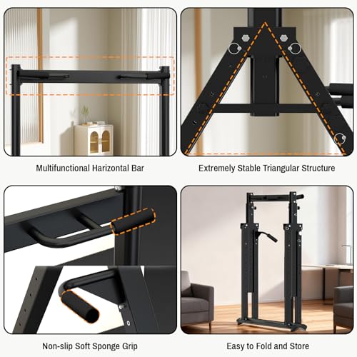 Foldable Power Tower Dip Station Pull Up Bar, Multifunction Triangular Structure Pull Up Station Home Gym Strength Training Workout Equipment