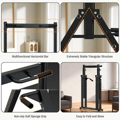 Foldable Power Tower Dip Station Pull Up Bar, Multifunction Triangular Structure Pull Up Station Home Gym Strength Training Workout Equipment