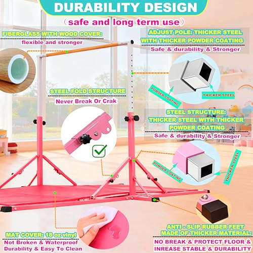 MARFULA Gymnastic Kip Bar for Kids Teens Ages 3-25 of All Gymnastic Levels - color: Pink (Bar with Mat - 8 Ft Base)