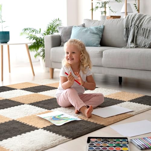 36 Pcs Plush Interlocking Carpet Tiles, Non-Toxic Foam Carpet Tile for Toddler Baby, Anti-Slip, EVA Foam Interlocking Tiles for Floor, Nursery, Playroom, Grey White Light Brown - color: White,Light Brown,Grey, size: 36P