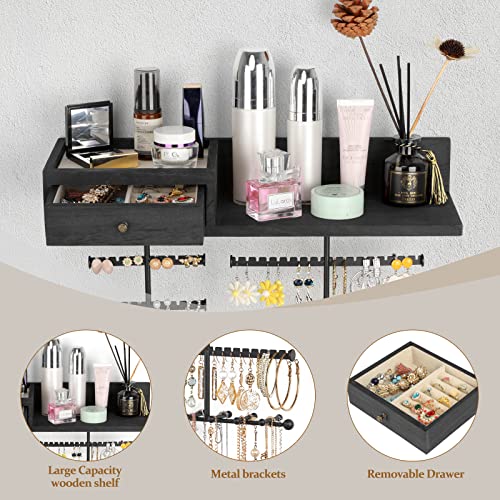 Jewelry Organizer Hanging Wall Mounted Jewelry Holder with Rustic Wood Drawer & Large Capacity Storage Shelf Rack Display for Earrings Rings Necklaces Bracelet(Black) - color: Black