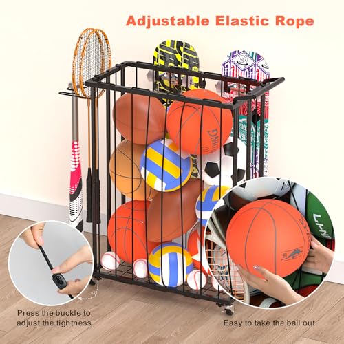 Multi-Functional Sports Storage Rack with Elastic Rope, Movable Racket Holders & Hooks - Heavy-Duty Organizer for Balls, Tennis/Badminton Rackets, Skateboard - Ideal for Garage, Home Gym & Playroom