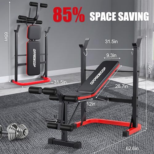 OPPSDECOR Foldable Weight Bench Set with Squat Rack and Preacher Curl Pad - color: Red