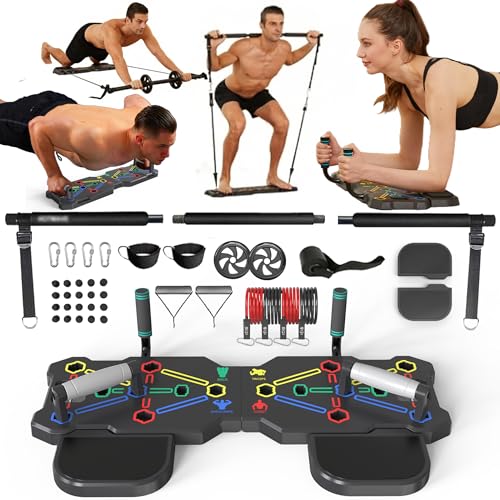Push Up Board, Portable Workout Equipment with 20 Gym Accessories. PushUp Board & Plank Trainer, Resistance Bands with Ab Wheel, Exercise at Home For Men and Women