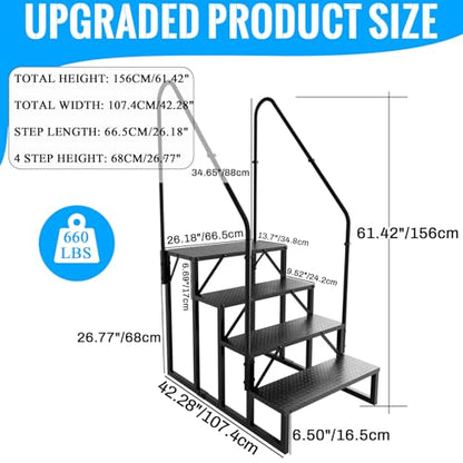 4 Step RV Stairs with 2 Handrails, 660LBS Heavy Duty Anti‑Slip Metal Steps, Detachable Outdoor Stairs for Hot Tub, 5th Wheel, Pool, Mobile Home, Porch, Pet Steps(2 handrails) - style: 4 handrails Step