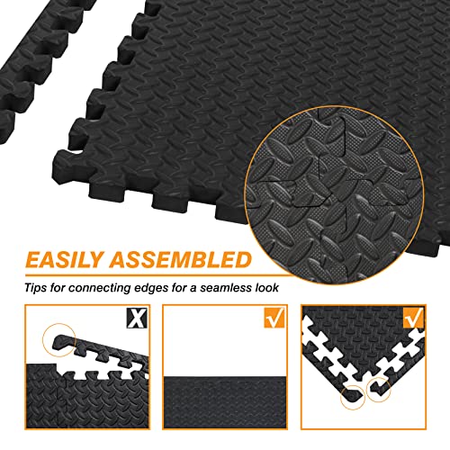 TCE AUPM001BK Interlocking Foam Mat Protective Exercise Workout Puzzle Floor Mat Tiles for Home Gym Equipment - 6 Pieces, 24 Square feet, Black