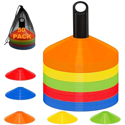 Disc Cones for Sports Training, 25/50 Pack Agility Soccer Cones with Carry Bag and Holder, Soccer, Football, Basketball, Coaching, Practice Equipment, 5 Color