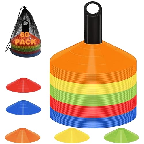 Disc Cones for Sports Training, 25/50 Pack Agility Soccer Cones with Carry Bag and Holder, Soccer, Football, Basketball, Coaching, Practice Equipment, 5 Color