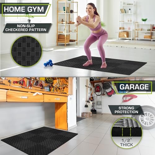 ProsourceFit Exercise Puzzle Mat ½-inch, Checkered EVA Foam Floor Tiles w/ Non-Slip Texture, Interlocking Design for Adjustable Gym Surfaces, Shock Absorbing, Black, 12 SQ FT - 12 Tiles