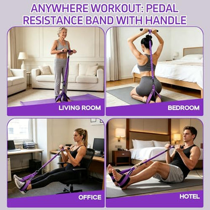 Multifunction Pedal Resistance Band with Handle, 3 Tube Adjustable 30/40/50LB Foot Pedal Puller Resistance Bands with Poster, Extended Length Tension Rope for Men Women Full Body Workout Home Gym - color: Purple