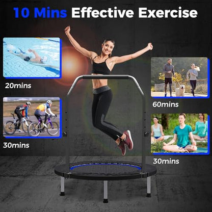 40"/48" Rebounder Trampoline for Adults Mini Trampoline for Adults and Kids Exercise Rebounder with Bar Fitness Trampoline Indoor Height Adjustable Max Load 330/440lbs - color: Blue-40in