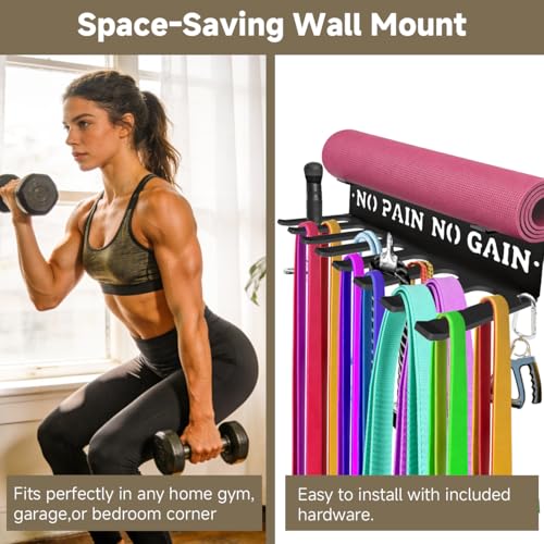 Gym Home Rack 8 Hook Heavy-Duty Wall-mounted Organizer Multi-Purpose Workout Gear Wall Hanger Storage for Resistance Bands Jump Ropes Lifting Belt Fitness Bands Barbells Carabiners Included