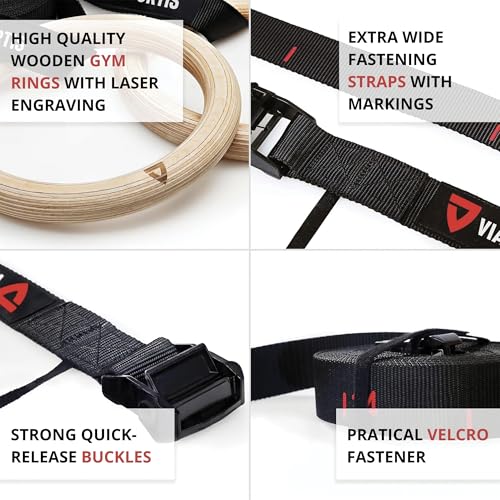 VIA Fortis® Premium Wooden Gym Rings with Straps, Bag & Workout Guide - Gym Rings for Calisthenics & Crossfit in Competition Design - Extra Wide Straps with Markings